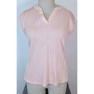B Collection by Bobeau Large Pink Wave Pleated V-Neck Cap Sleeve Blouse Top